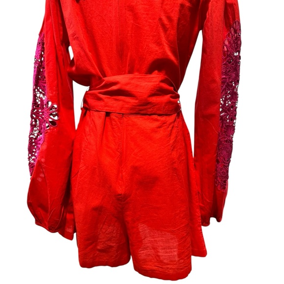 Chelsea & Violet Boho Embroidered Lace Sleeve Romper Red Pink M - Picture 7 of 11